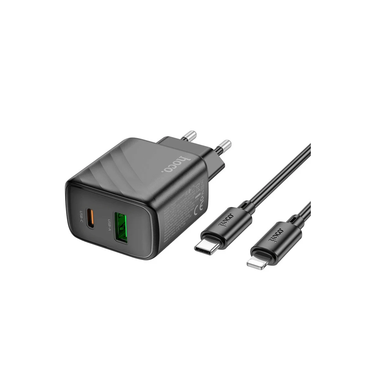 Hoco. CS23A Sunlight 30W 1 Adet Type-C ve 1 Adet USB 3.0 QC Çıkışlı Ekstra Type-C to Lightning Kablolu PD Hızlı Şarj Aleti - Siyah